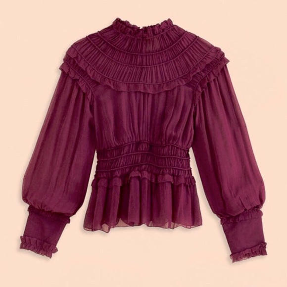 Farm Rio Burgundy Ruffle High Neck Blouse Top NWOT - Picture 2 of 8